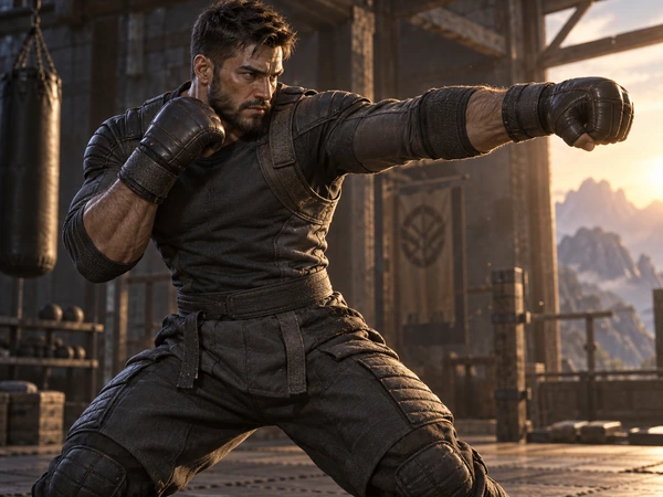 3D game character of a muscular brawler throwing a punch