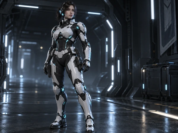 3D sci-fi trooper in heavy armor in a neon-lit corridor