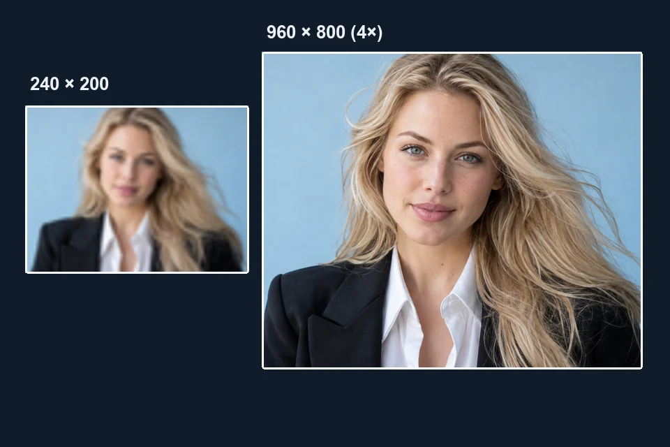 Portrait thumbnail of 240 × 200 pixels next to the same portrait enlarged 4× to 960 × 800 pixels