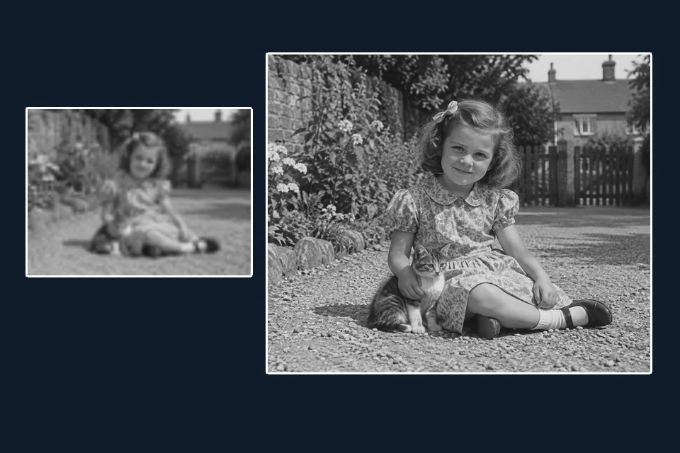 Small black-and-white photo of a girl upscaled to a larger, sharper 4K version