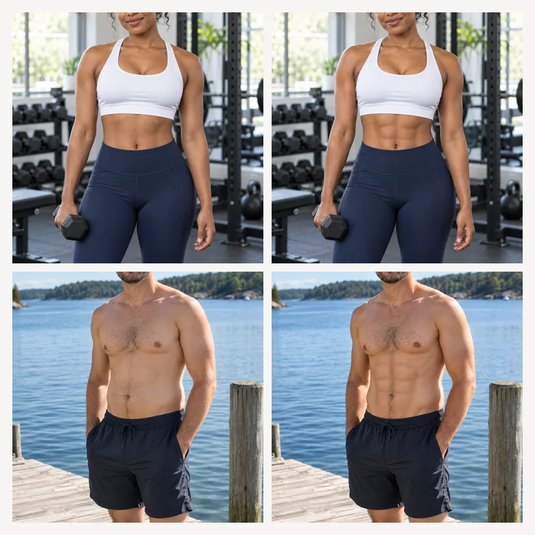 A woman at the beach and a man with a resistance band, each before and after adding AI abs