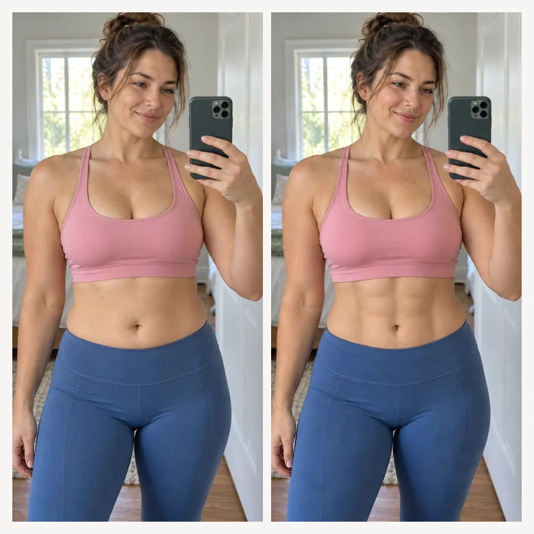 Mirror selfie of a woman in a pink sports bra before and after an AI abs edit