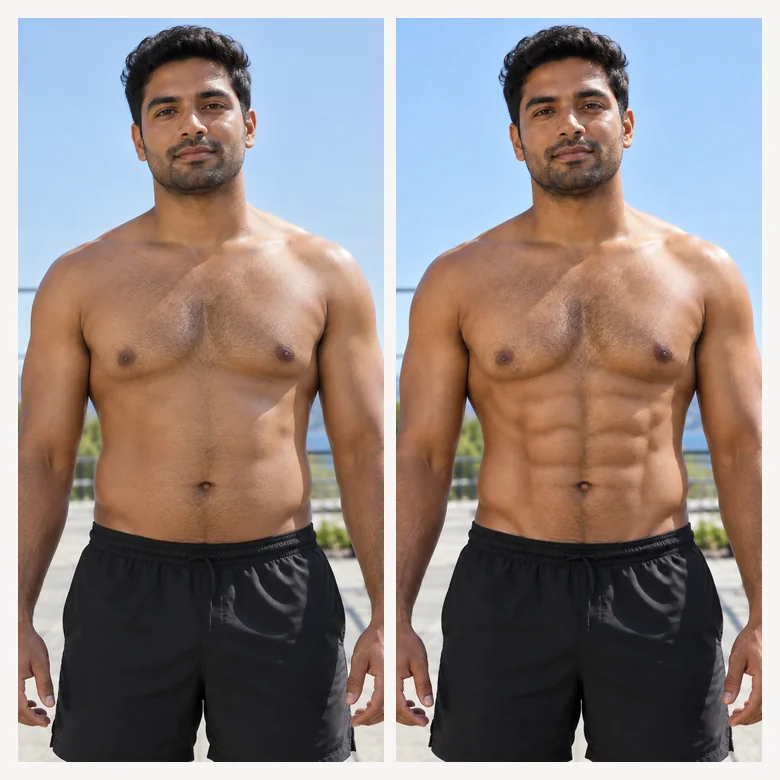 Before and after: a man’s soft stomach turned into an eight-pack by the AI abs generator, with matching light