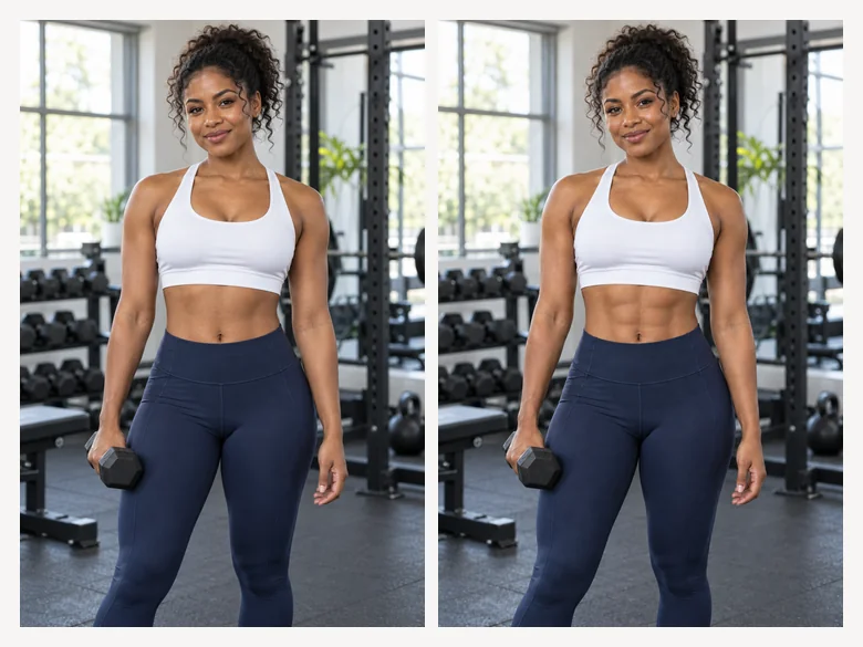 Woman with dumbbells before and after an AI abs edit used as a training goal
