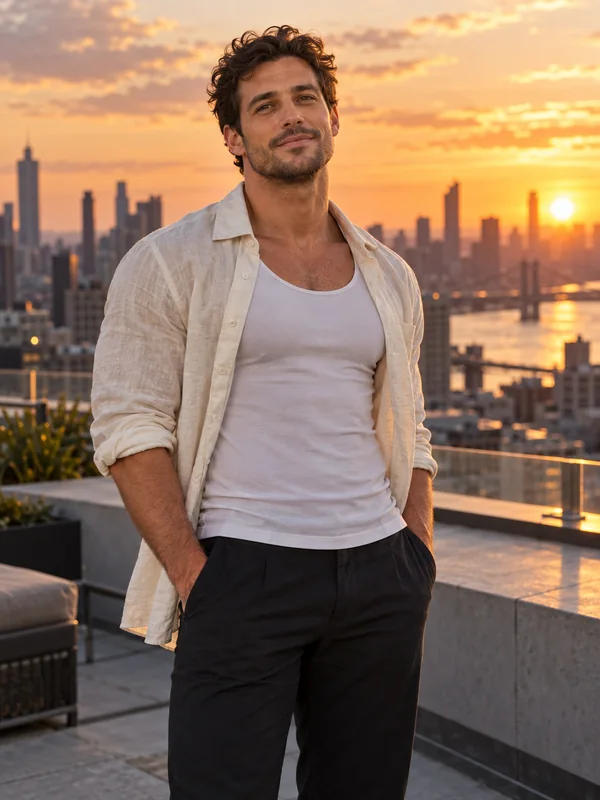 Man in an open white linen shirt with defined abs and chest on a rooftop at sunset