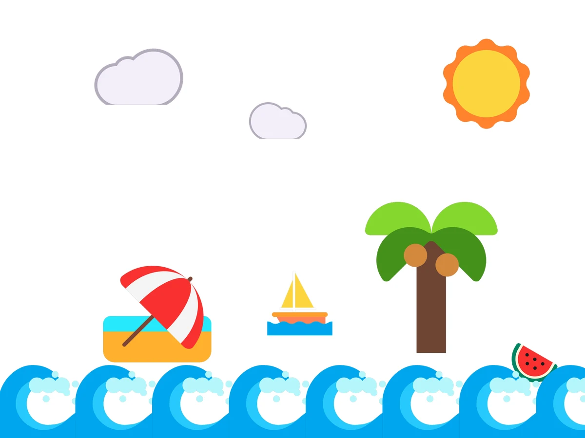 Beach scene made only of emoji: sun, clouds, palm tree, umbrella, sailboat, watermelon, and waves