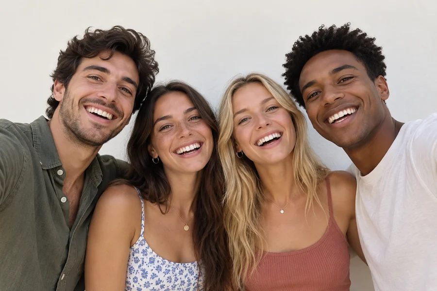 Drag to compare the group photo before and after covering each face with an emoji (before)