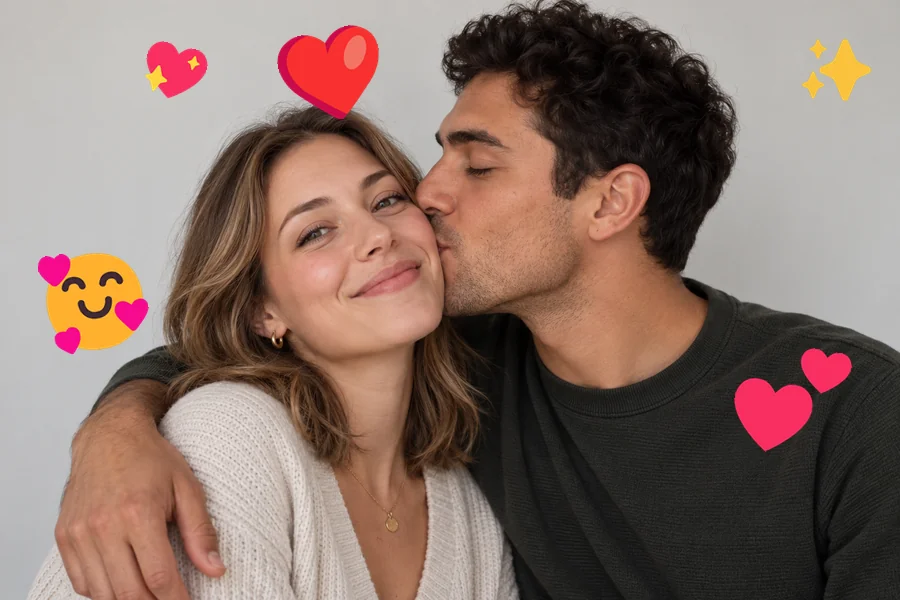 Drag to compare the couple photo before and after adding love emoji (after)