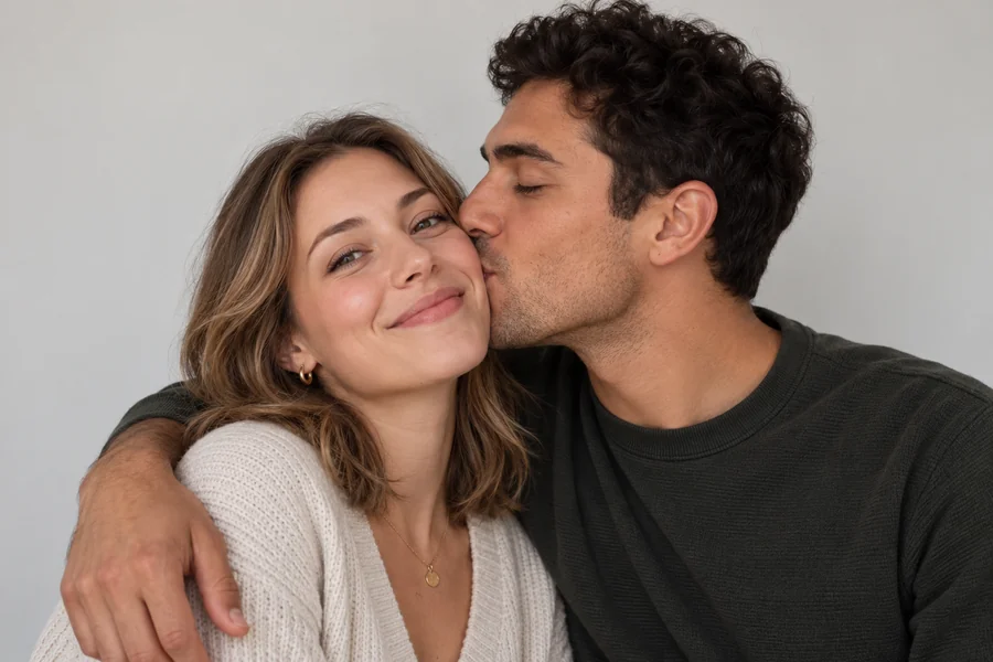 Drag to compare the couple photo before and after adding love emoji (before)