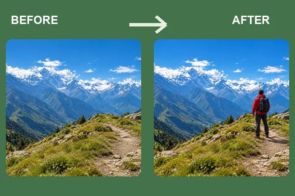 Mountain landscape before and after a hiker in a red jacket is added