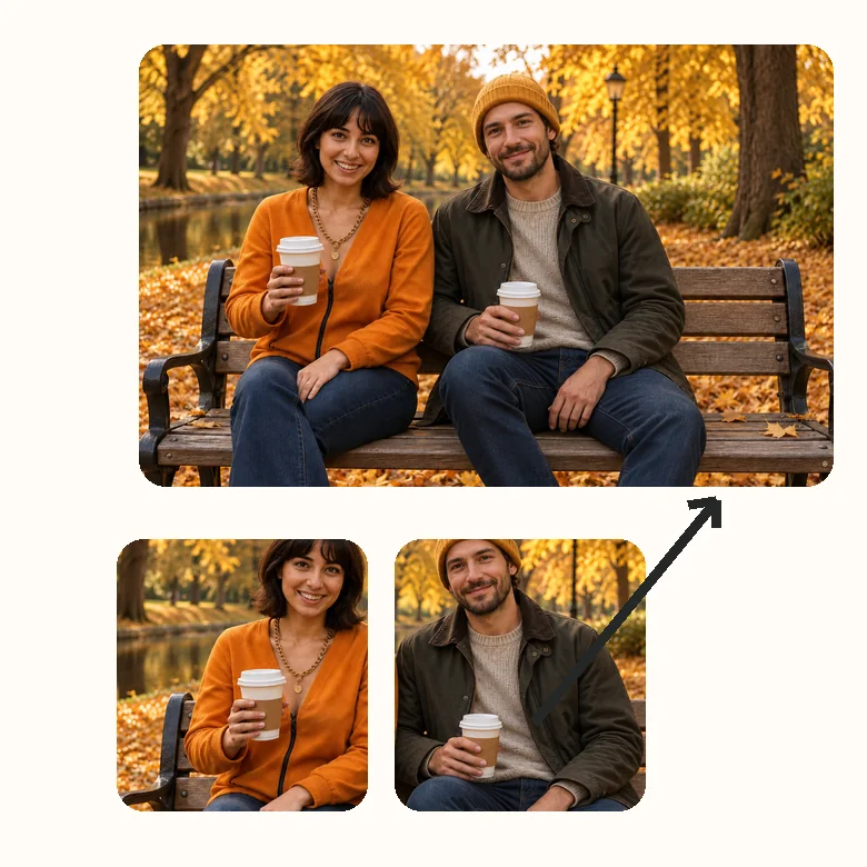 Two separate portraits combined into a photo of two people sitting on a park bench