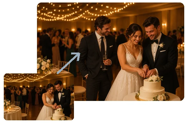 Wedding photo before and after a groomsman is added next to the couple