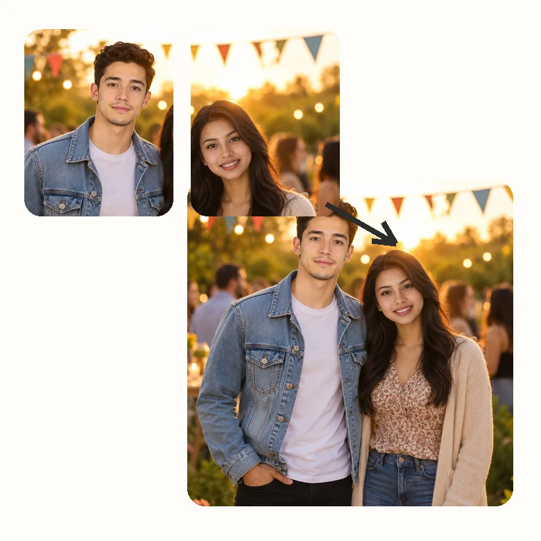 Two separate portraits combined into a photo of a couple at an outdoor party