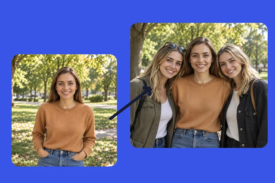 Woman cut out from a living-room photo and placed into an outdoor group of friends