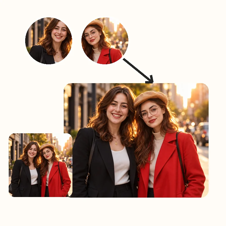 Two women from separate photos placed together in one street photo