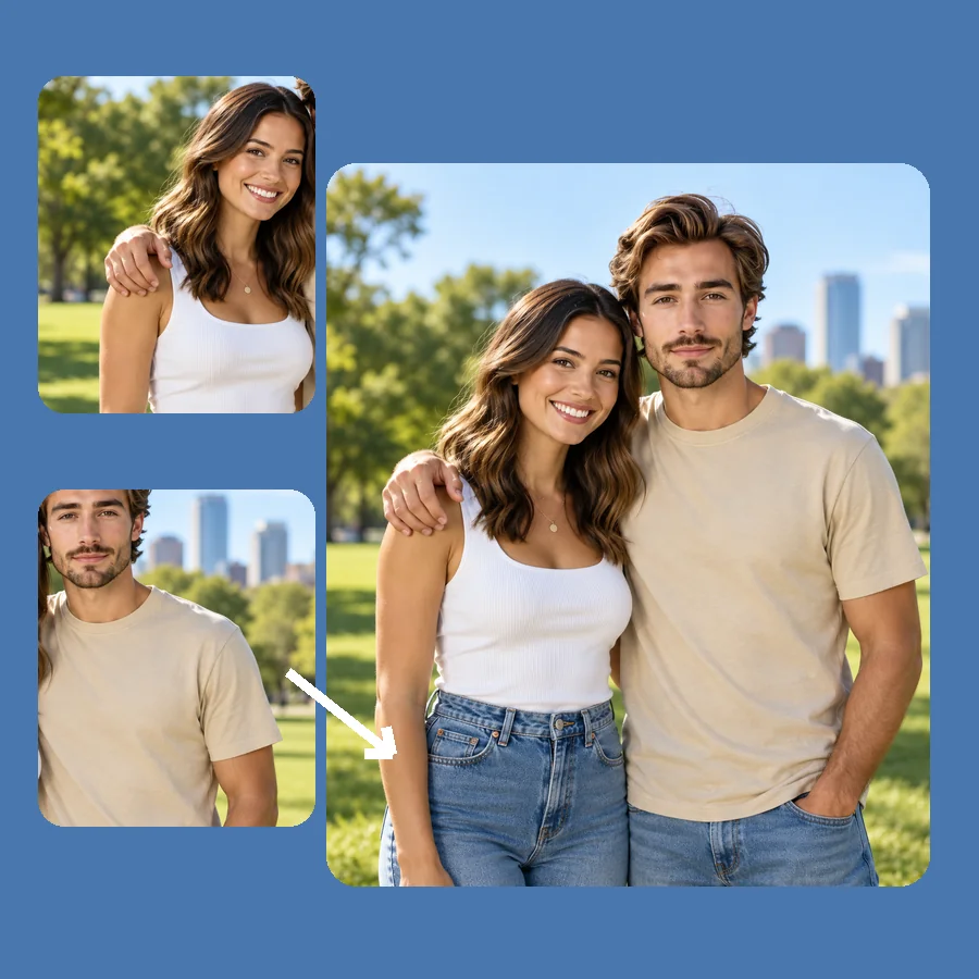 A man and a woman from two separate portraits combined into one photo hugging outdoors