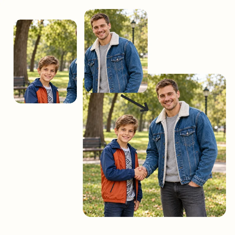 A boy and a man from separate photos shaking hands in one park photo