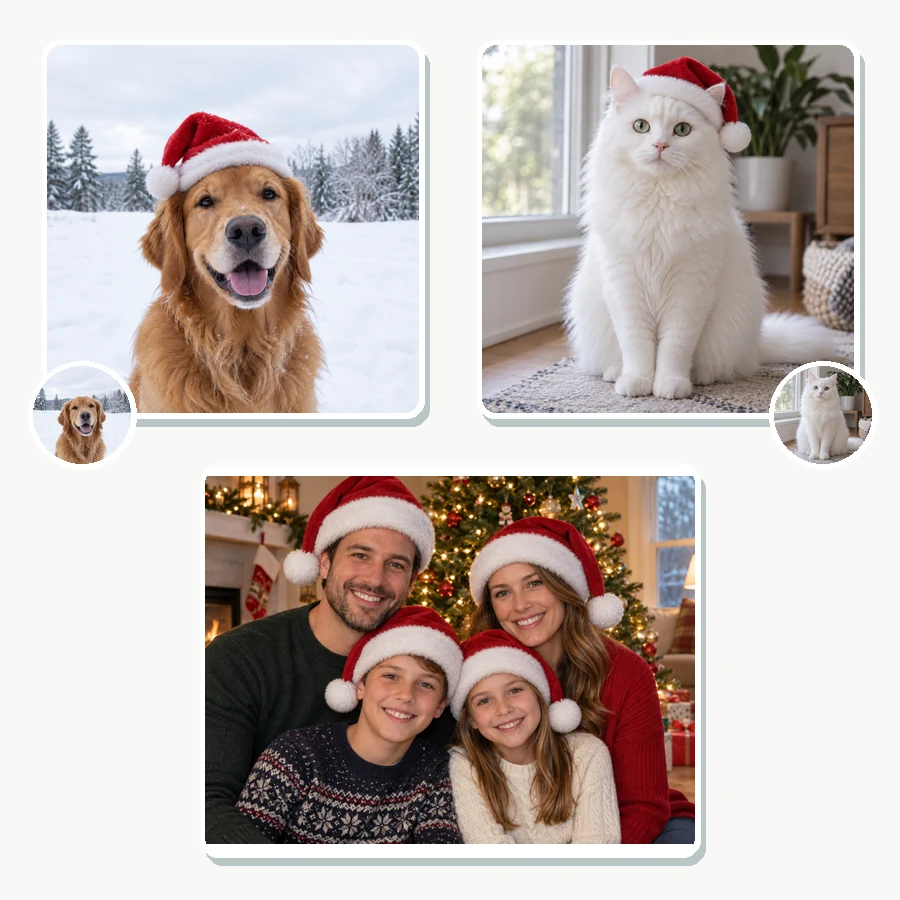 Family and their pets all wearing Santa hats in a holiday photo