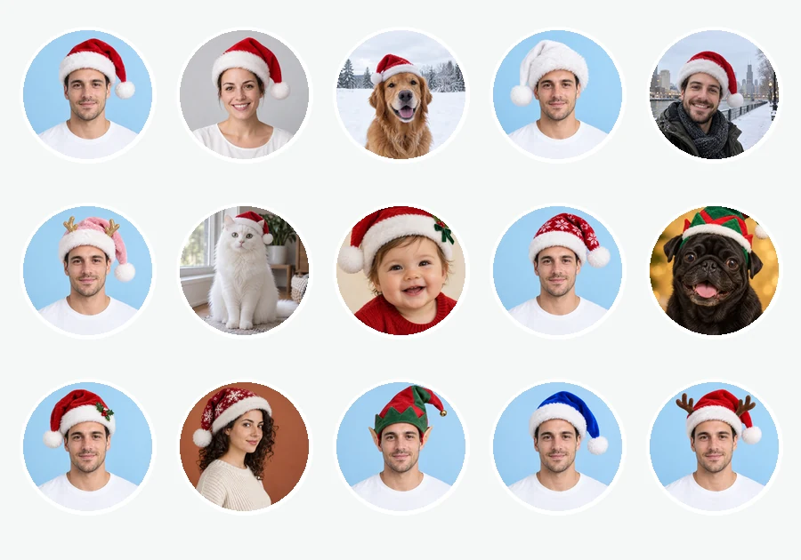 Grid of round avatars of people, cats, and dogs in Santa hats