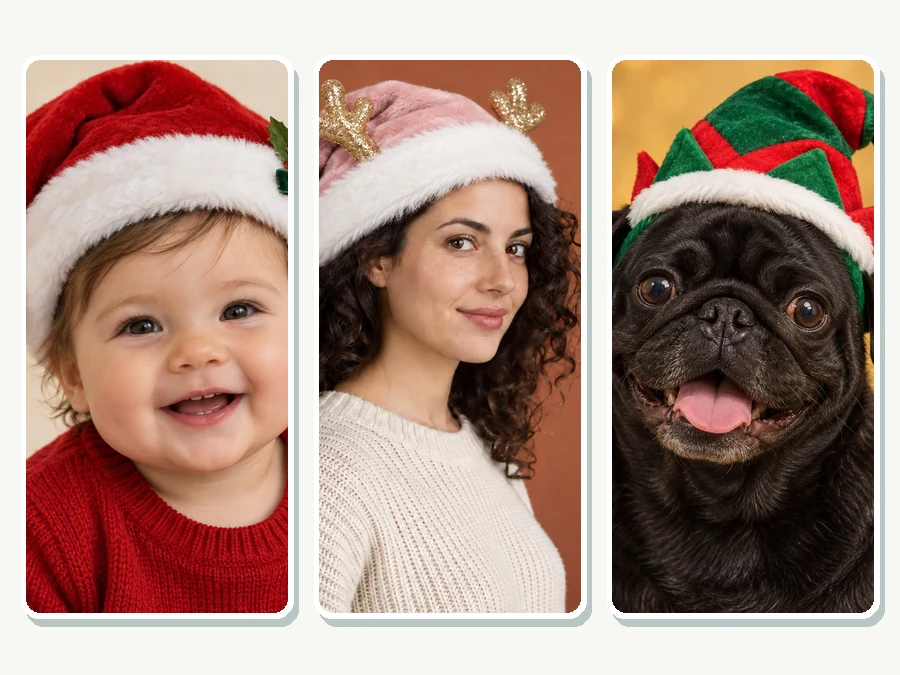 A baby in a Santa hat with a holly bow, a woman in a pink hat with antlers, and a pug in an elf hat