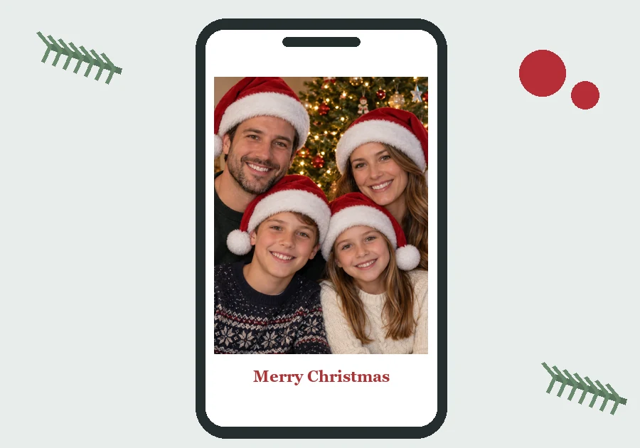 Phone showing a family photo with Santa hats, ready to send as a holiday card