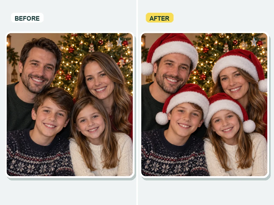 Family photo before and after Santa hats are added to every person