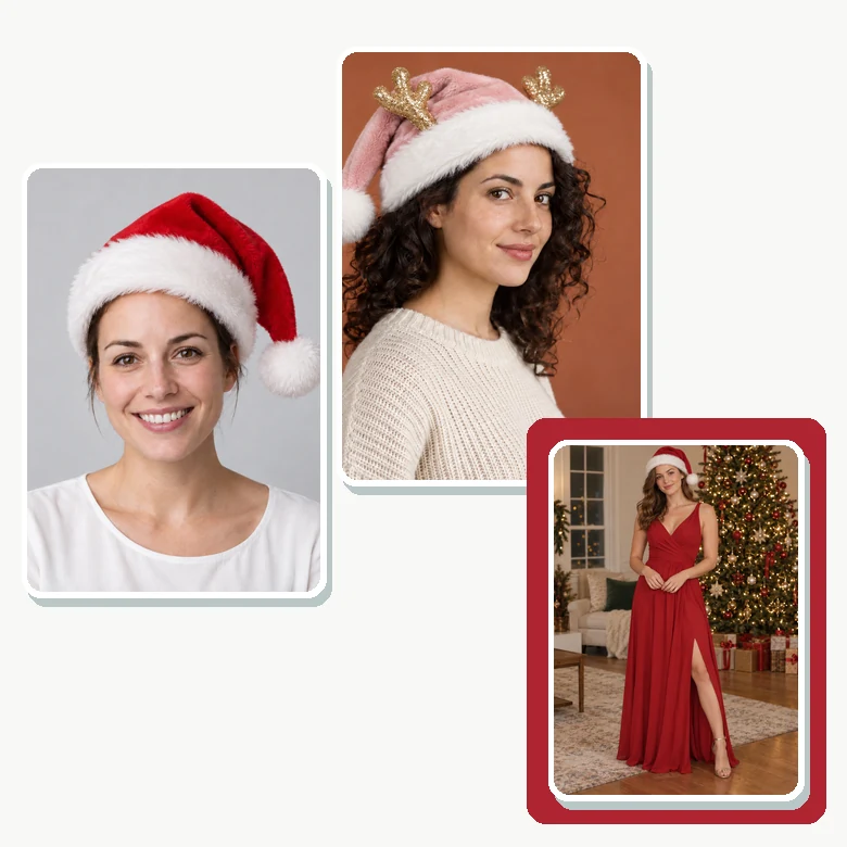 Three portraits of women wearing Santa hats, one inside a festive red frame