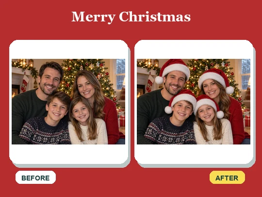 Merry Christmas card before and after Santa hats are added to a family photo