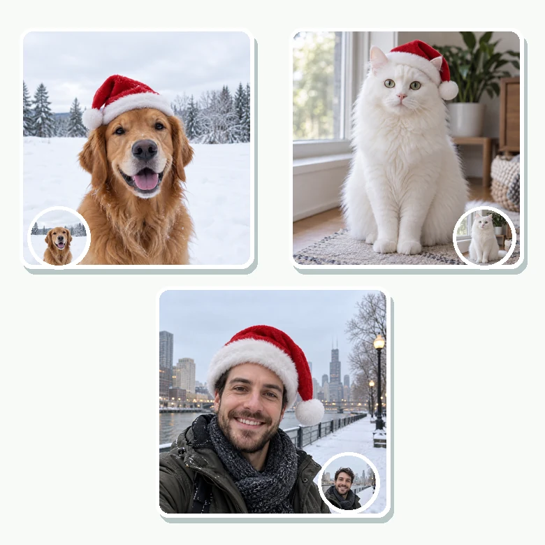 A dog, a cat, and a man taking a selfie, each wearing a Santa hat