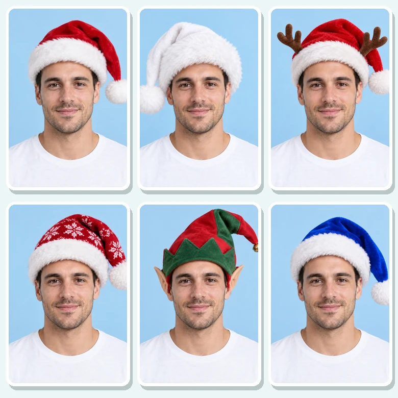 The same man shown in six Christmas hats: classic, fluffy white, antlers, elf, and blue