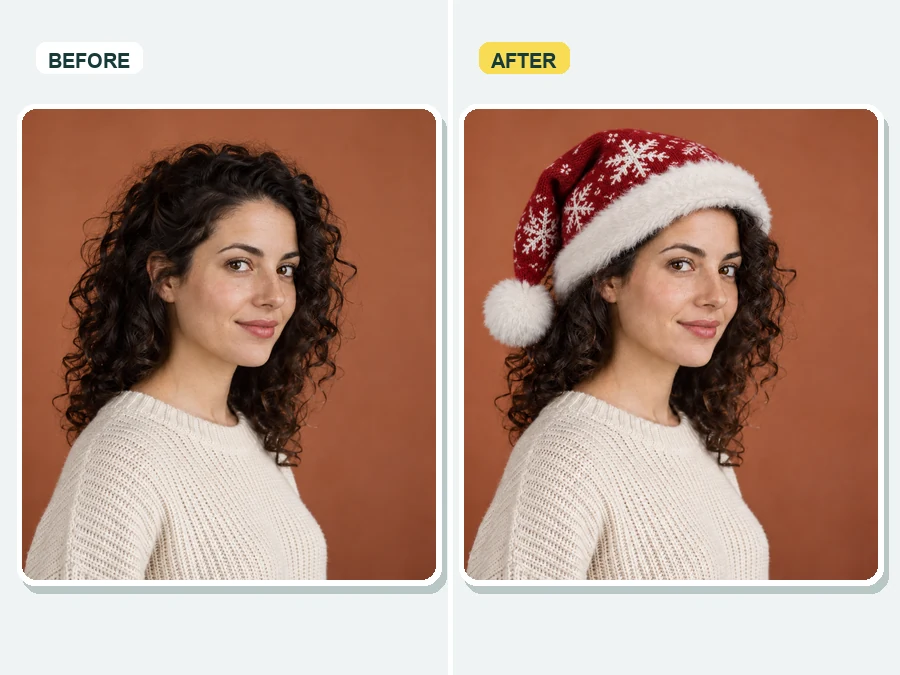Woman in profile before and after a red snowflake-pattern Santa hat is added
