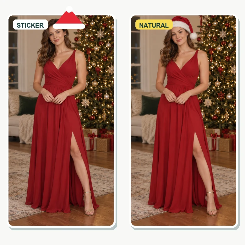 Woman in a red dress shown with a hat sticker and then with a natural-looking Santa hat in front of a Christmas tree