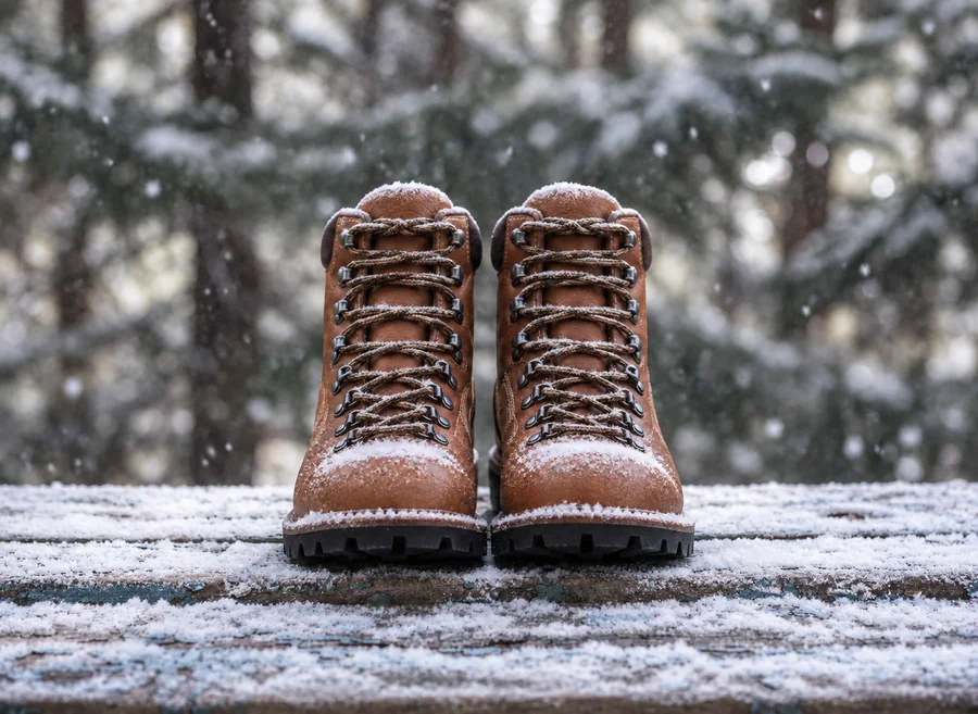 Drag to compare the hiking boots product photo before and after adding snow (after)