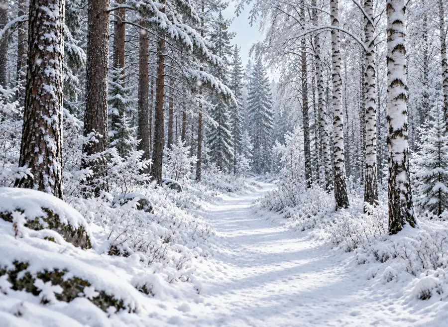 Drag to compare the autumn forest path and the snowy trail (after)