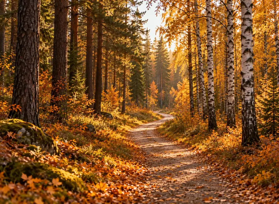 Drag to compare the autumn forest path and the snowy trail (before)