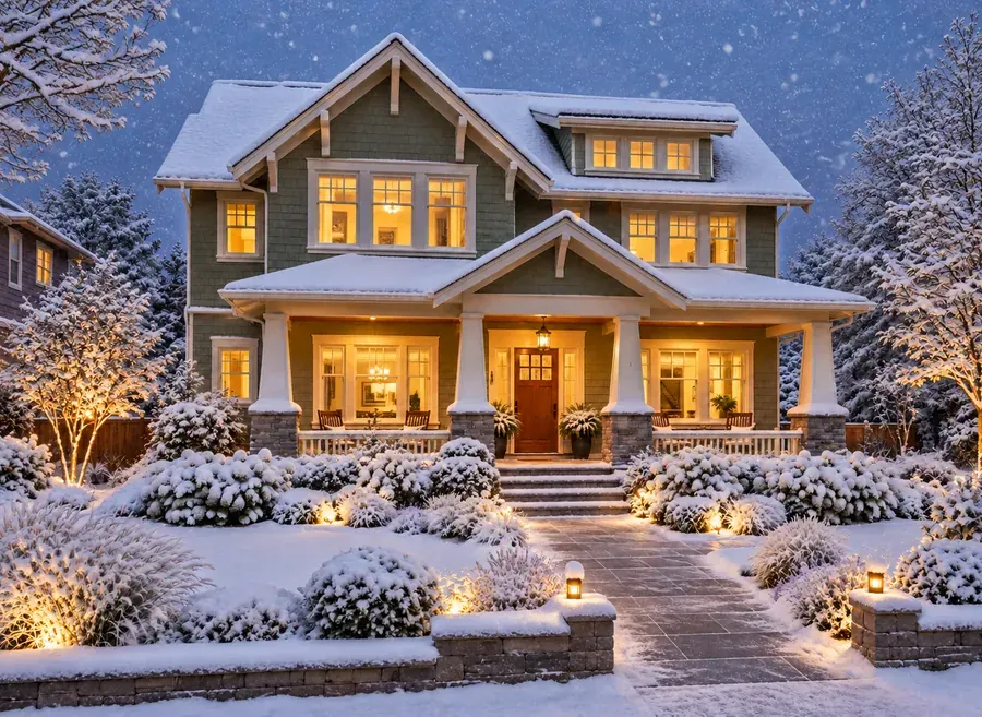 Drag to compare the house exterior before and after adding snow (after)