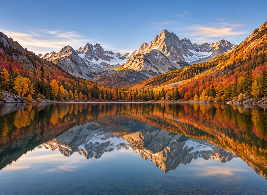 Drag to compare the autumn mountain lake and the snowy version (before)