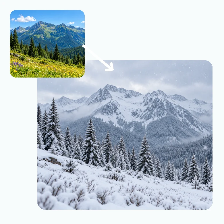 Green mountain landscape transformed into a snowy winter landscape