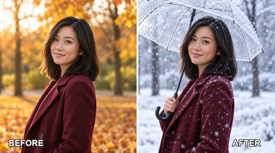 Woman photographed in autumn shown before and after, standing in falling snow with a clear umbrella