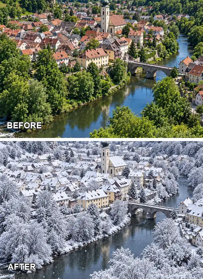Aerial view of a small town in summer and the same town in falling snow