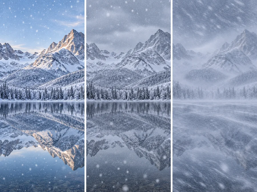The same mountain lake with light, medium, and heavy snowfall side by side