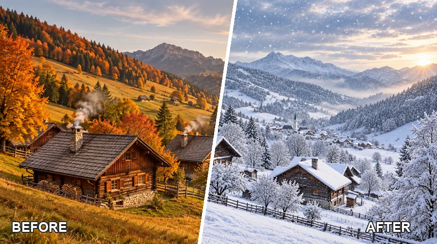 Mountain village in autumn and the same village covered in snow