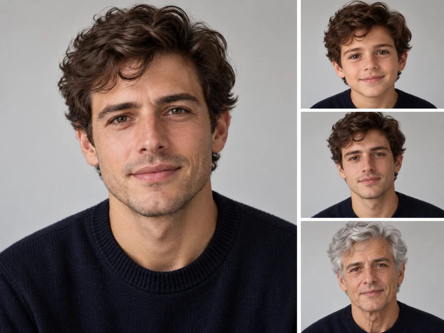 Realistic AI age progression preview of a face with natural aging details