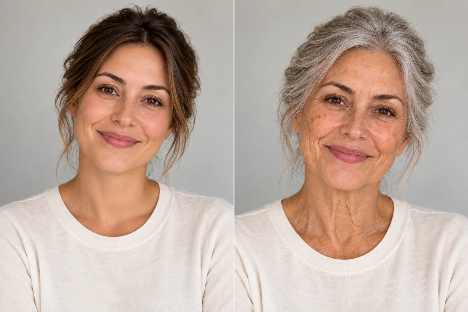 The same woman in her 20s and 70s with her facial structure preserved