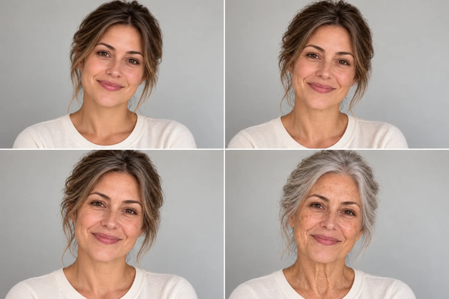 One woman shown at four different ages from her 20s to her 70s
