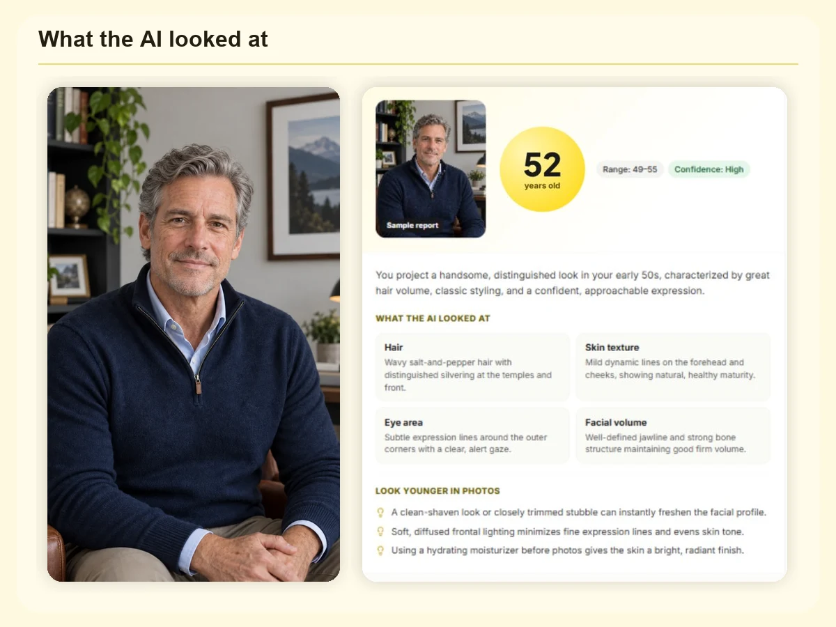 Age estimate from photo with numbered cues: hair, skin texture, eye area and facial volume