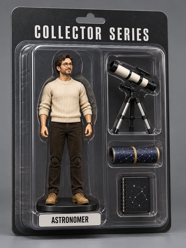 Astronomer action figure in a blister pack with a telescope, star chart, and thermos