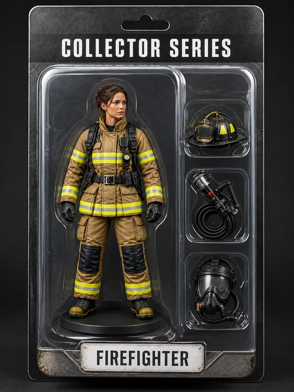 Firefighter action figure in a clear blister pack with matching accessories and a firefighter nameplate