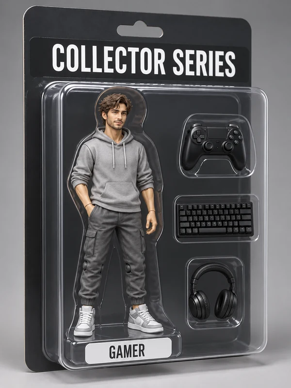 Gamer action figure in a clear blister pack with matching accessories and a gamer nameplate