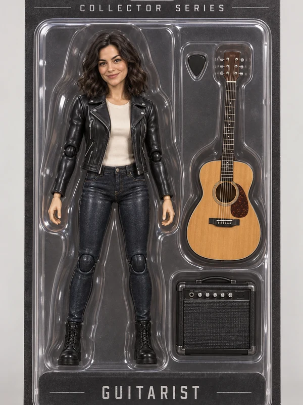 Guitarist action figure in a clear blister pack with matching accessories and a guitarist nameplate